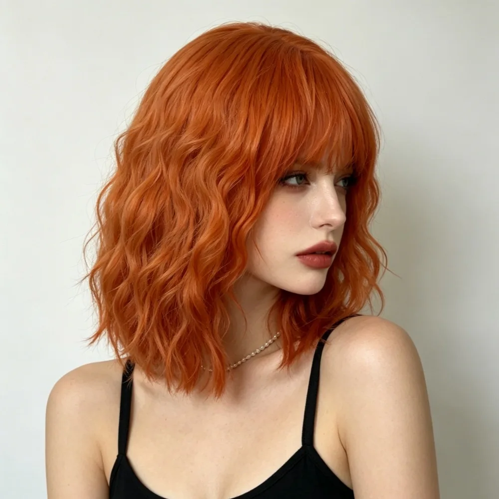 Short Bob Hairstyle Orange Synthetic Wig - Halloween Party Cosplay Costume Wig - Daily Party High-Temperature Silk Wig Set