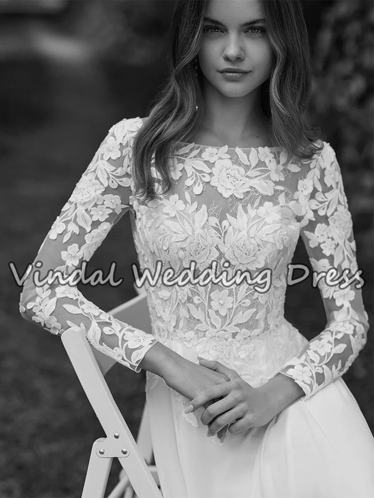 فستان زفاف بوهو عتيق بأكمام طويلة من Vindal للعروس برقبة سكوب شيفون زهري على شكل حرف a فستان العروس رداء De Mariée مخصص #3