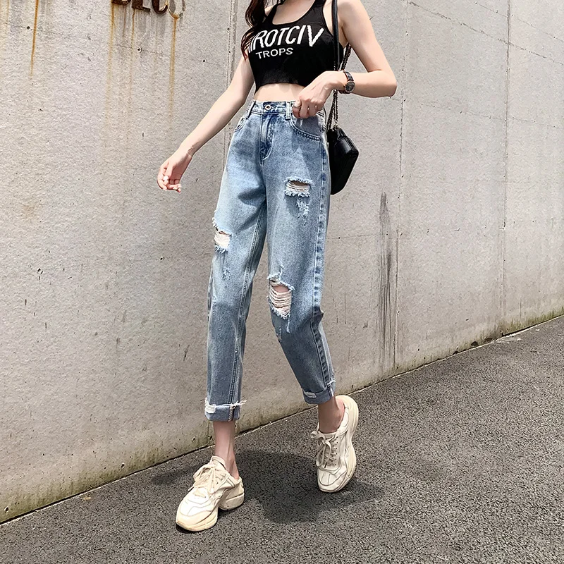 

High Waist Loose Fit Denim Jeans Women's Trendy Spring Autumn Hole Punching Nine Points Fat Sister Mm Large Size Dad Pants