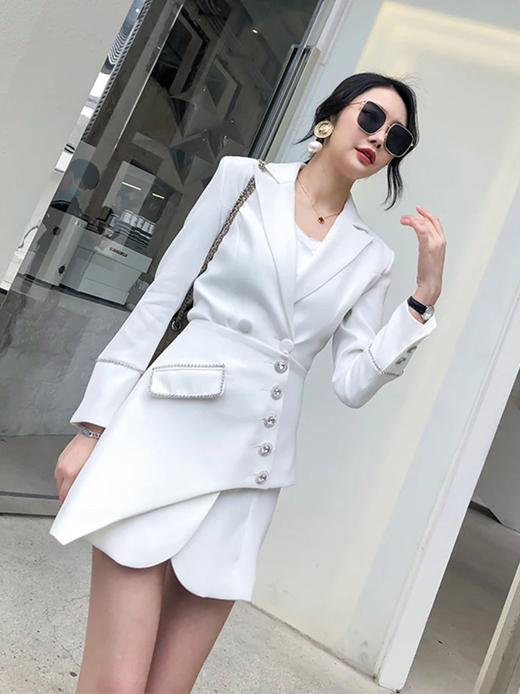 Pink Skirt Suit Jacket Set Women Double Breasted Balzer Short Beadings Asymmetry Sexy Skirt Two Pieces Set Business Work Outfit