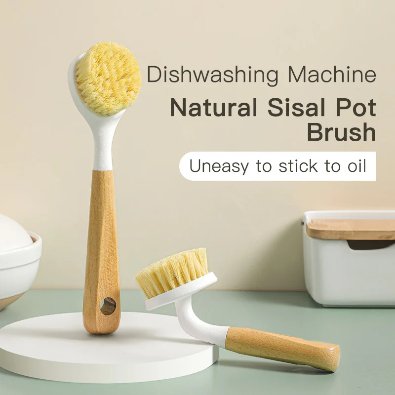 Natural Sisal Soft-Bristle Pot Brush, Household Kitchen Dishwashing Brush, Multi-Functional Beech Wood Cleaning Brush