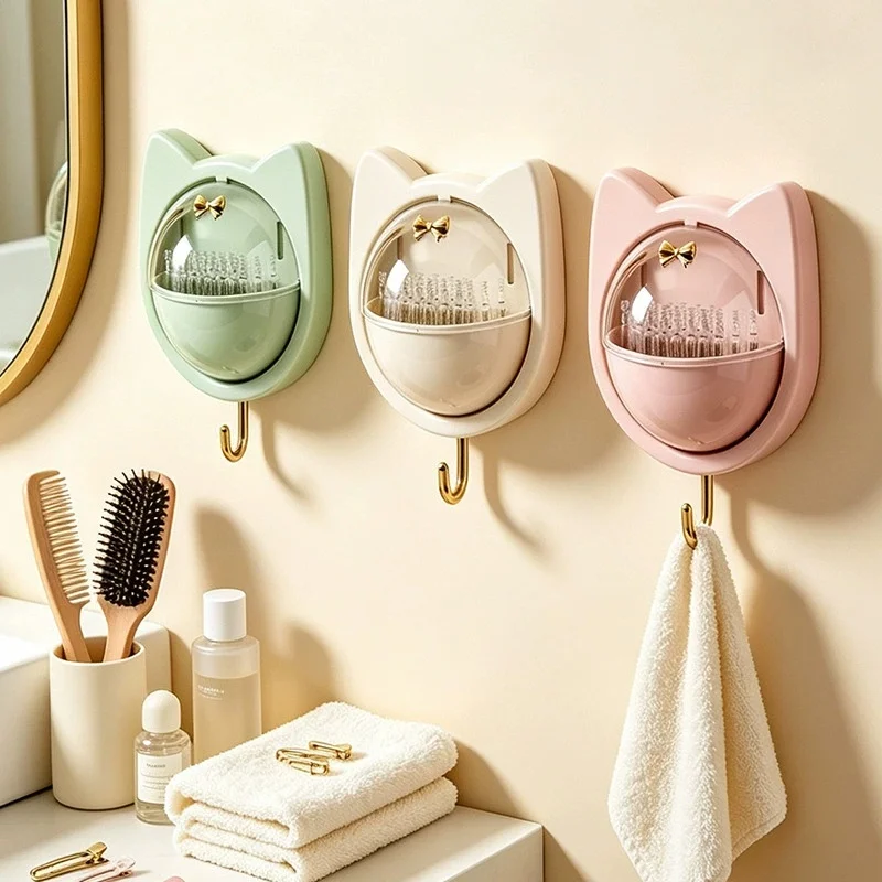 Cat-themed Wall-mounted Storage Box, Bathroom Vanity Wall Shelf with Hooks for Earrings and Jewelry, Vanity Lipstick and Makeup