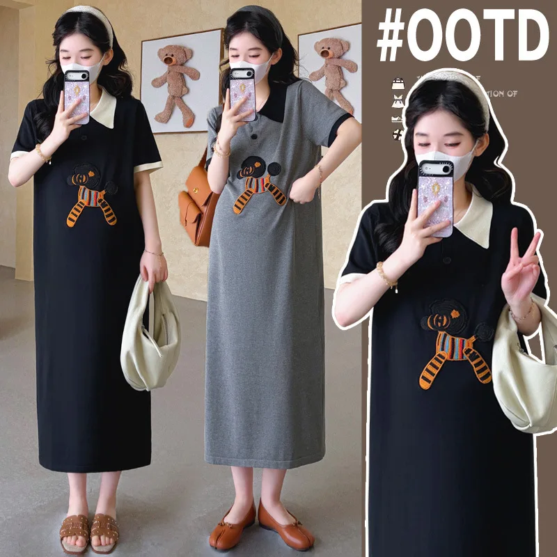 

Maternity Dress Summer Short Sleeve Polo Collar Long Dress Cartoon Loose Comfortable Cute For Pregnant Women 2026