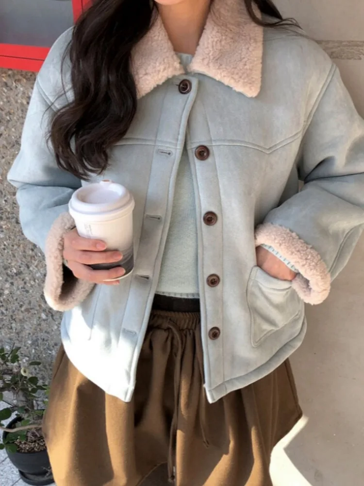 Chic Winter ort Lamb Fur Suede Jaet Women's Warmth Flap Collar Single Button Leather And Fur Inteated Outerwear Coat