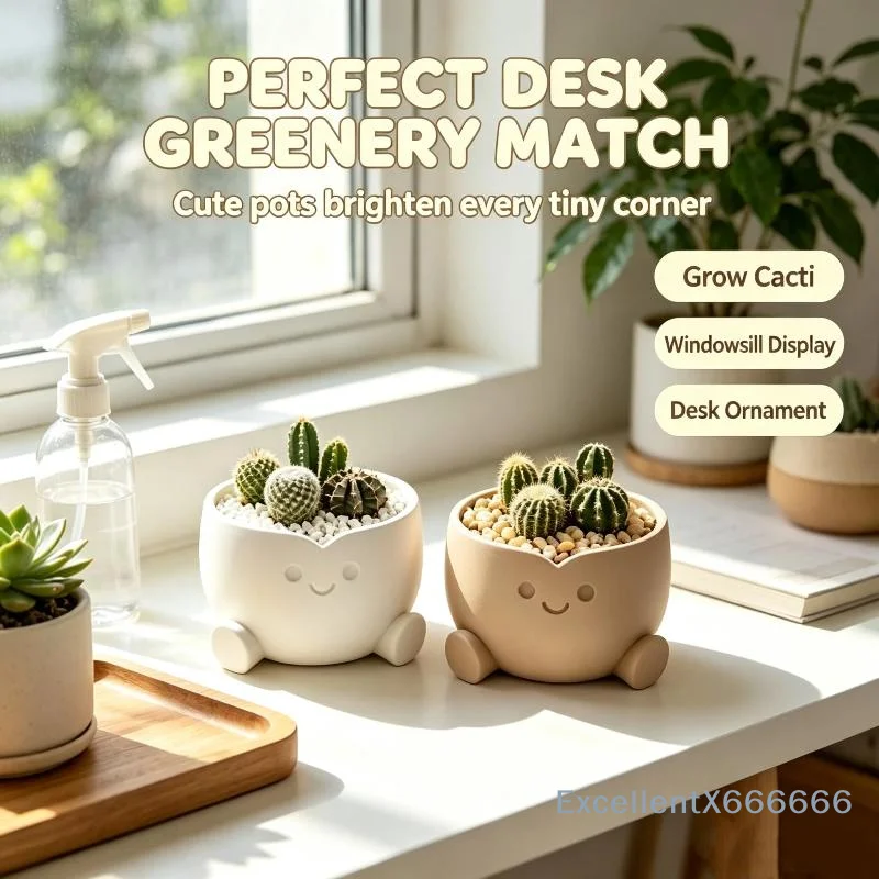 3D Printed Cute Smiling Figure Planter Pot Mini Indoor Flower Pot Desk Decor Home Office Gardening Gift