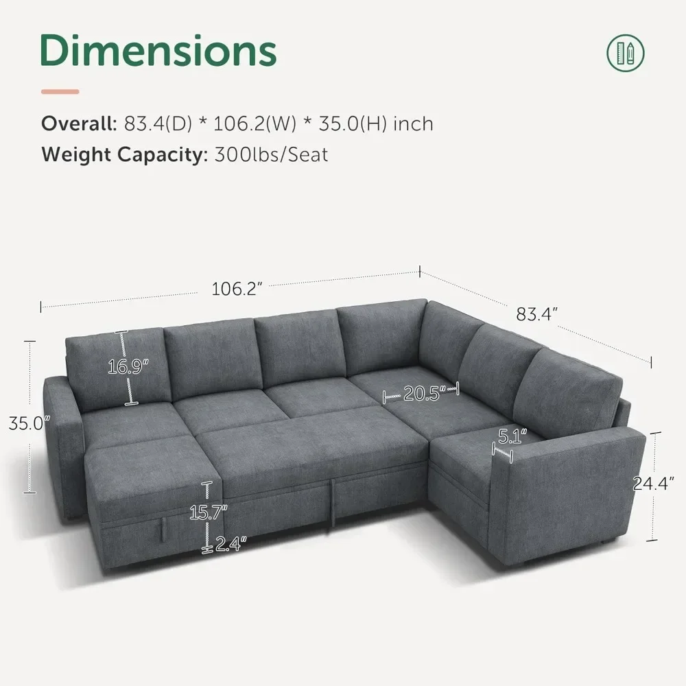 Modular Sectional Couch with Pull Out Bed, Chenille Sleeper Sofa with Storage Seats Ottoman, U Shaped Sectional Couches for