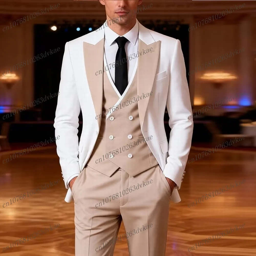 

New White And Beige Men Suit Wedding Party Formal Groom Groomsman Prom Business Male Tuxedos 3 Piece Set Jacket Vest Pants