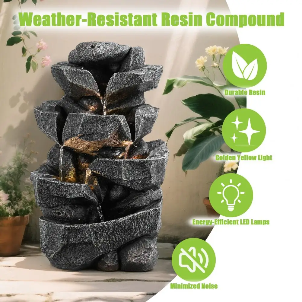 Fuente de agua de roca en cascada de varios niveles, fuente de agua para exteriores con luz LED, decoración de cascada de jardín para Patio, patio trasero