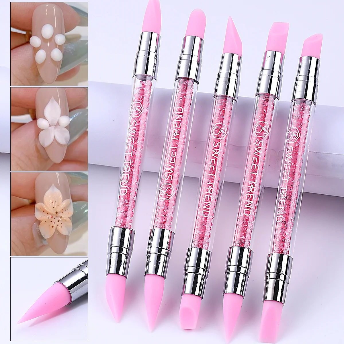 5pcs Pink Double-Ended Silicone Nail Sculpting Pen For 3D Flower Carving Brush Painting Tool Rhinestone Handle Manicure Supplies