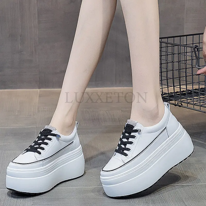 8cm White Genuine Leather Platform Heel Women Flats Shoes Comfortable Casual Creepers Chunky Sneaker Summer Shoes Women