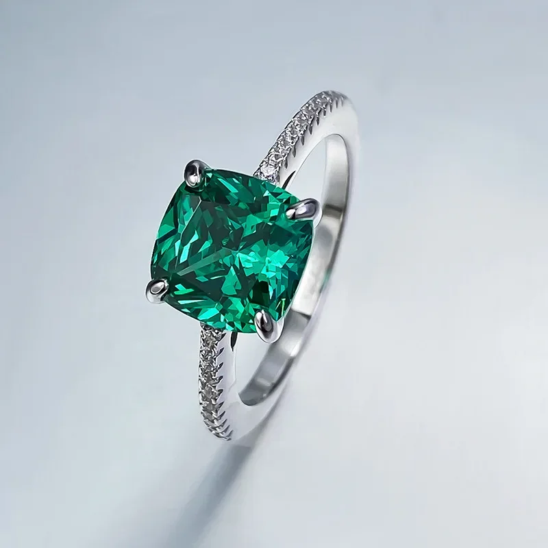 New New 925 Silver Ring Female Imported High Carbon Diamond 8 * 8mm Fat Square Emerald Green Ring Female Fashion Versatile