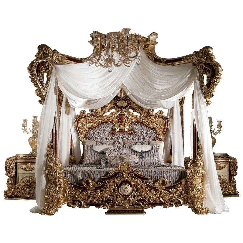 European Luxury French Bedroom Sets Hand-Carved Solid Wood Canopy Bed Hot-Selling for Home and Hotel Use