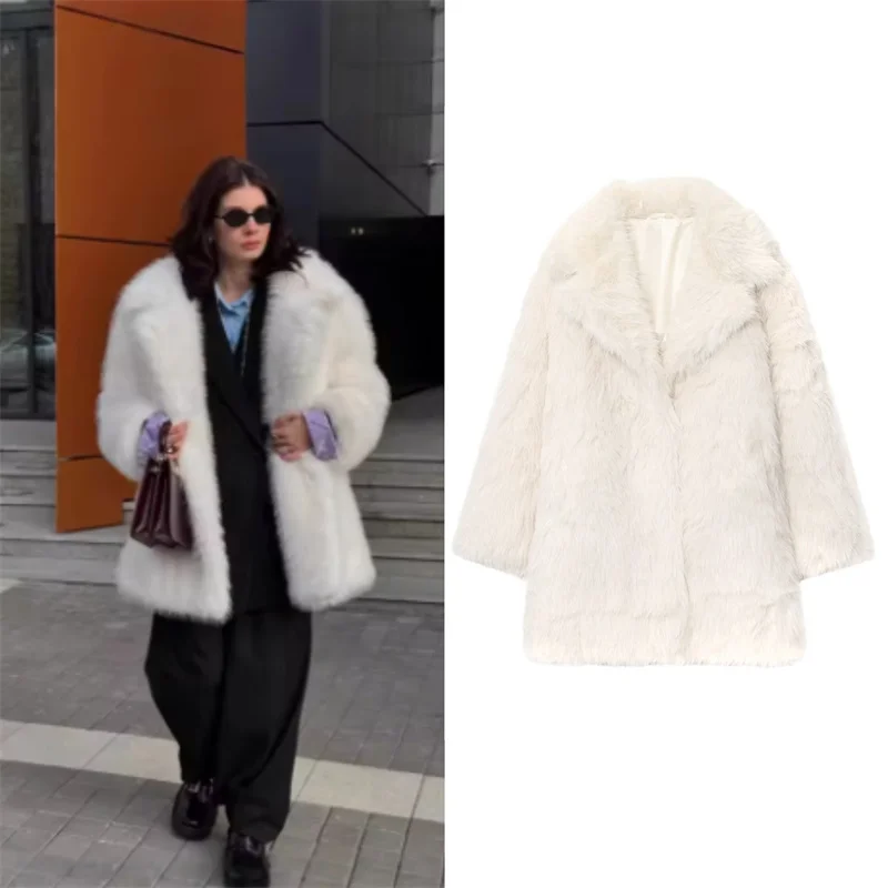 Guobioziy Women's Top 2026 Fall/Winter New Fashion Loose Warm Coat with Turn-down Collar and Faux Fur Effect