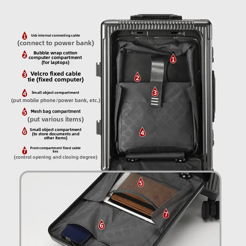 Silver front opening, luggage row 20-inch aluminum frame can be placed, computer