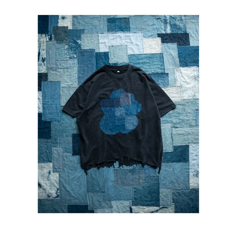 High Street Handmade Indigo Dye Patchwork Short Sleeve T Shirt Men Women Loose Drop Shoulder Casual Trendy Tee Men's Clothing