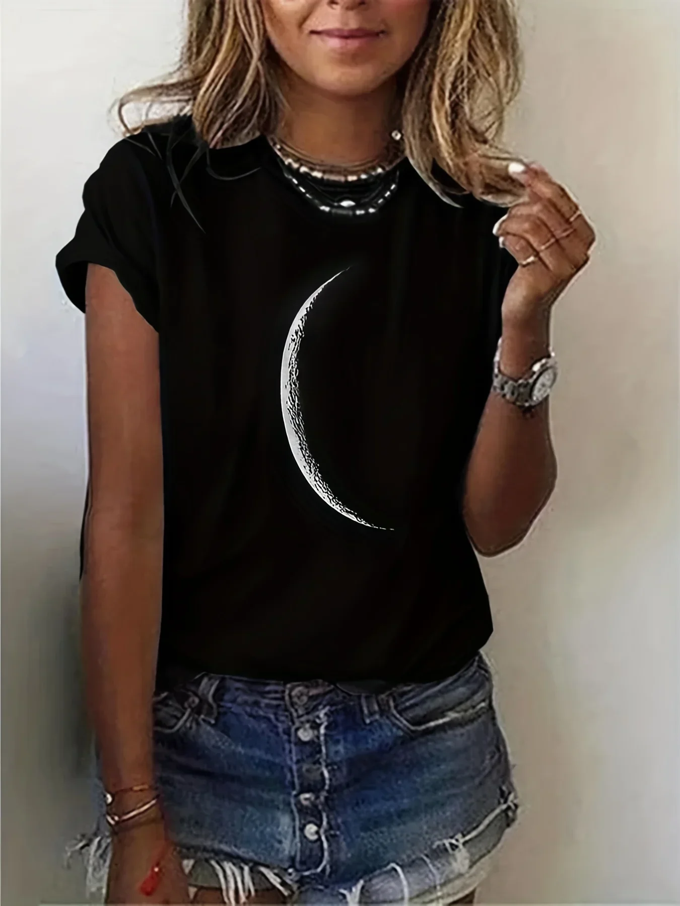 Moon Print Crew Neck T-Shirt, Casual Short Sleeve T-Shirt for Spring & Summer, Women's Clothing Clothes for Ladies Free Shipping