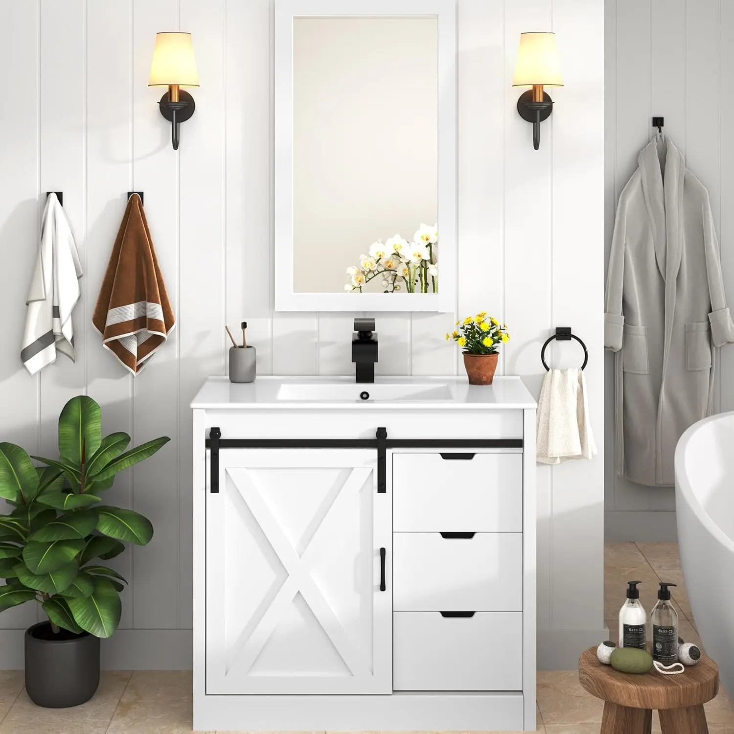 36 Inch Bathroom Vanity with Sink & Faucet & Mirror, Farmhouse Bathroom Vanity Cabinet Set with Sliding Barn Door &, Customized