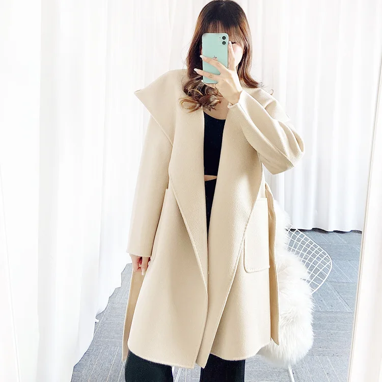 Autumn Mid-length Hooded Coat Women Black Water Ripple Cashmere Coat Female New Winter Casual Lace-up Loose Beige Coat Classic