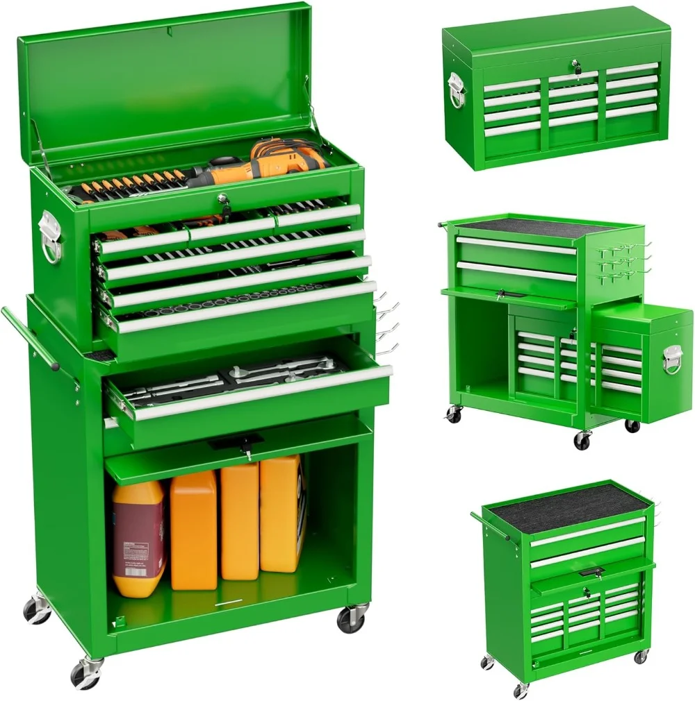8 Drawer Tool Chest with Wheels, 2-in-1 Detachable Rolling Tool Box with Drawers, Large Tool Cart on Lockable Wheels