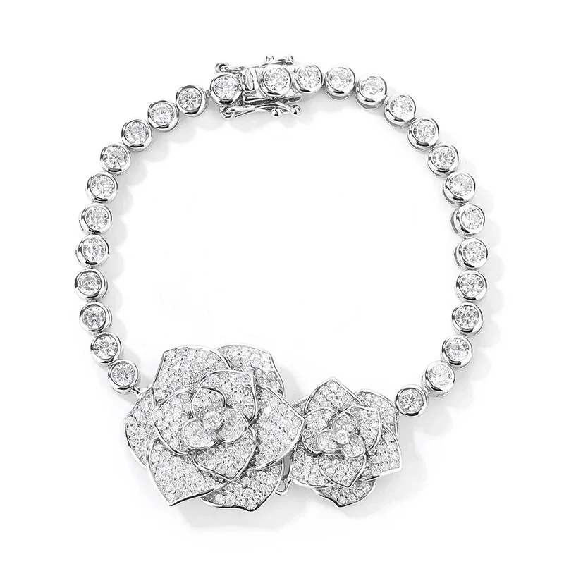 S925 Silver Luxury Set with Diamond Camellia Rose Bracelet Fashionable Design Sense Bracelet for Female Live Streaming, Small