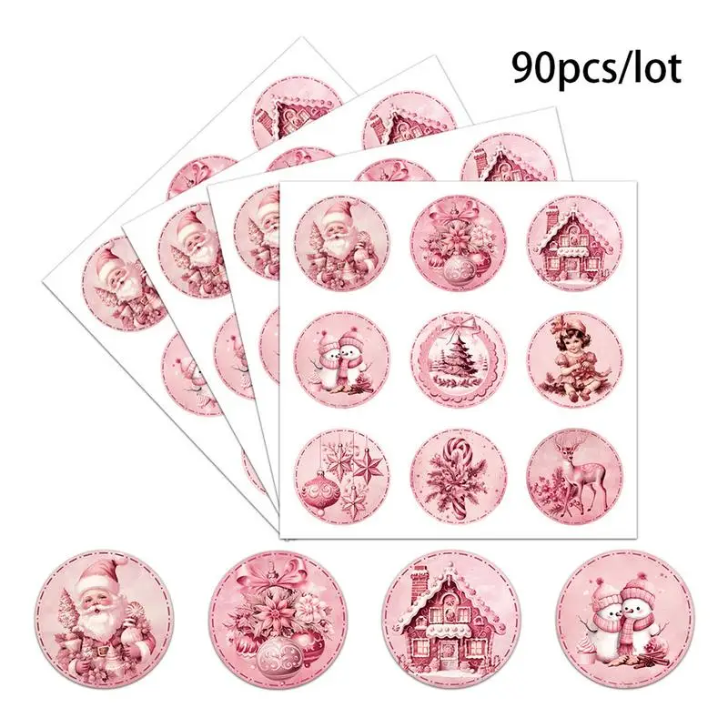 Christmas Sticker Set 90X Pink Round Label Tag Sticker Water Bottle Stickers For Woman Girl Holiday Seal Card Labels For Party