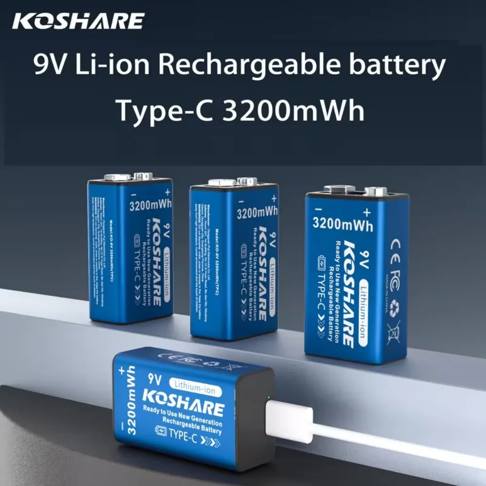 

KOSHARE 9V Lithium ion Rechargeable Battery 3200mWh High Capacity for Guitar Microphone Smoke Detector Pedal with Type-C Cable