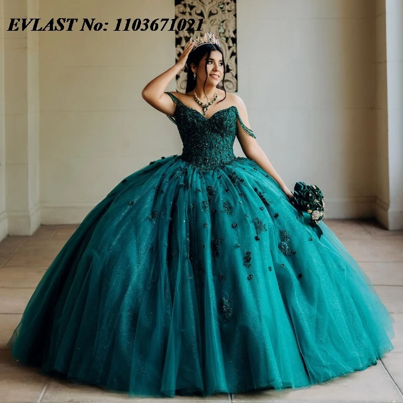 EVLAST-vestido De quinnceañera verde brillante, vestido De baile, apliques florales 3D con cuentas, corsé De México dulce 16, Vestidos De 15 años SQ564