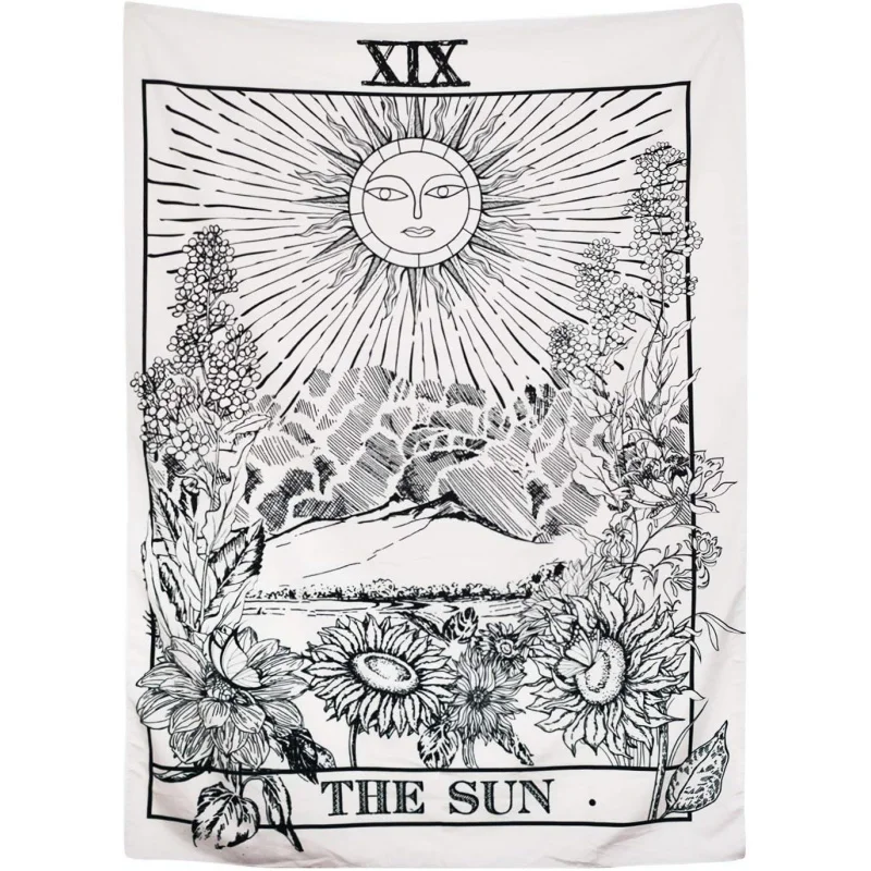 VIKAMA Sun Tarot Wandteppich im Ins-Stil, schwarz-weiß, Vintage-Linienkunst, für Wohnzimmer und Schlafzimmer, Wanddekoration, Heimdekoration