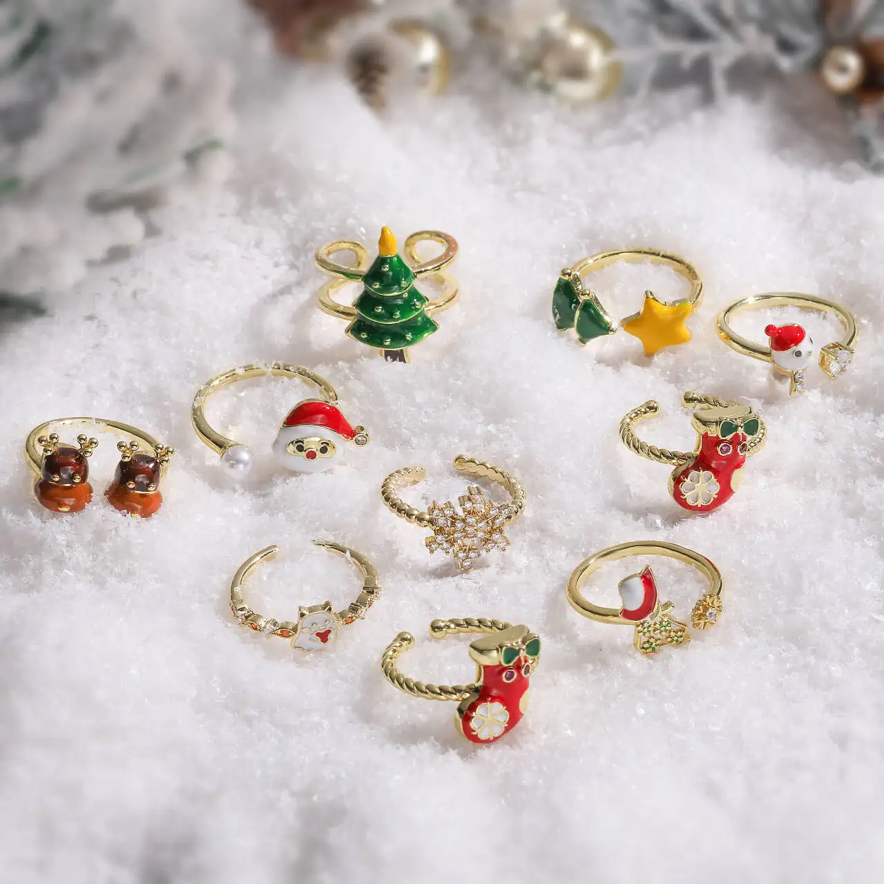HECHENG,Red/Green Christmas Enamel Drip Glaze Ring Snowflake CZ Stone Adjustable Open Band Unisex Ring 1 Piece