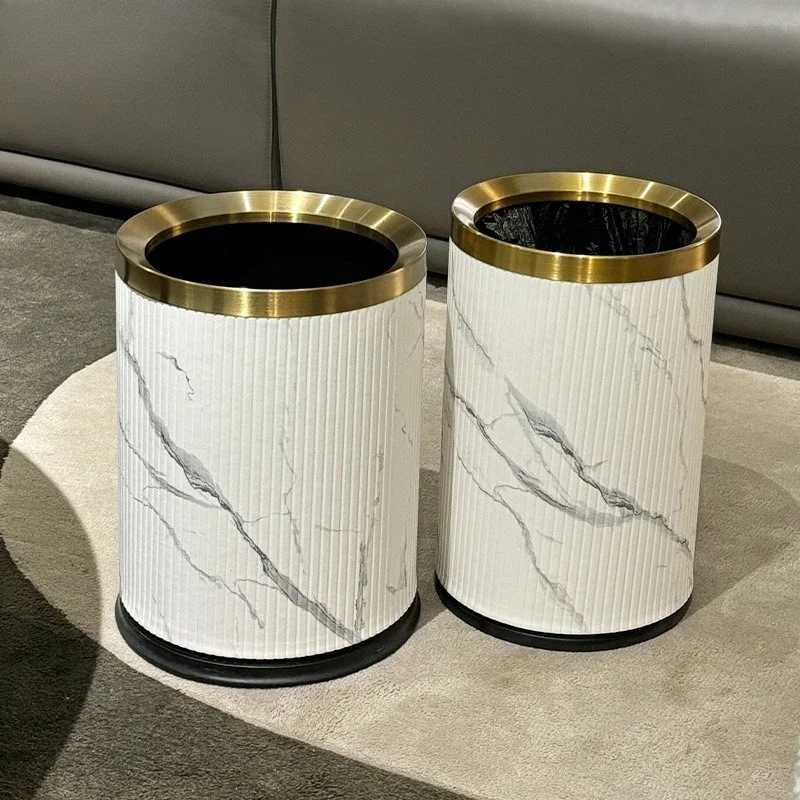 Luxury Trash Can Metal Leather Large Capacity Trash Bin Minimalist Built-in Wastebasket Home Bathroom Bedroom Cleaning Supplies