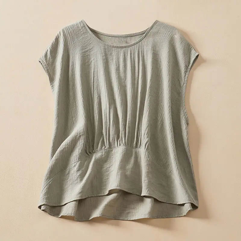 Summer Pleated Cotton and Linen Casual Women New Sleeveless T-shirt Vintage Round Neck Loose Solid Color Appear Thin Insert Tops