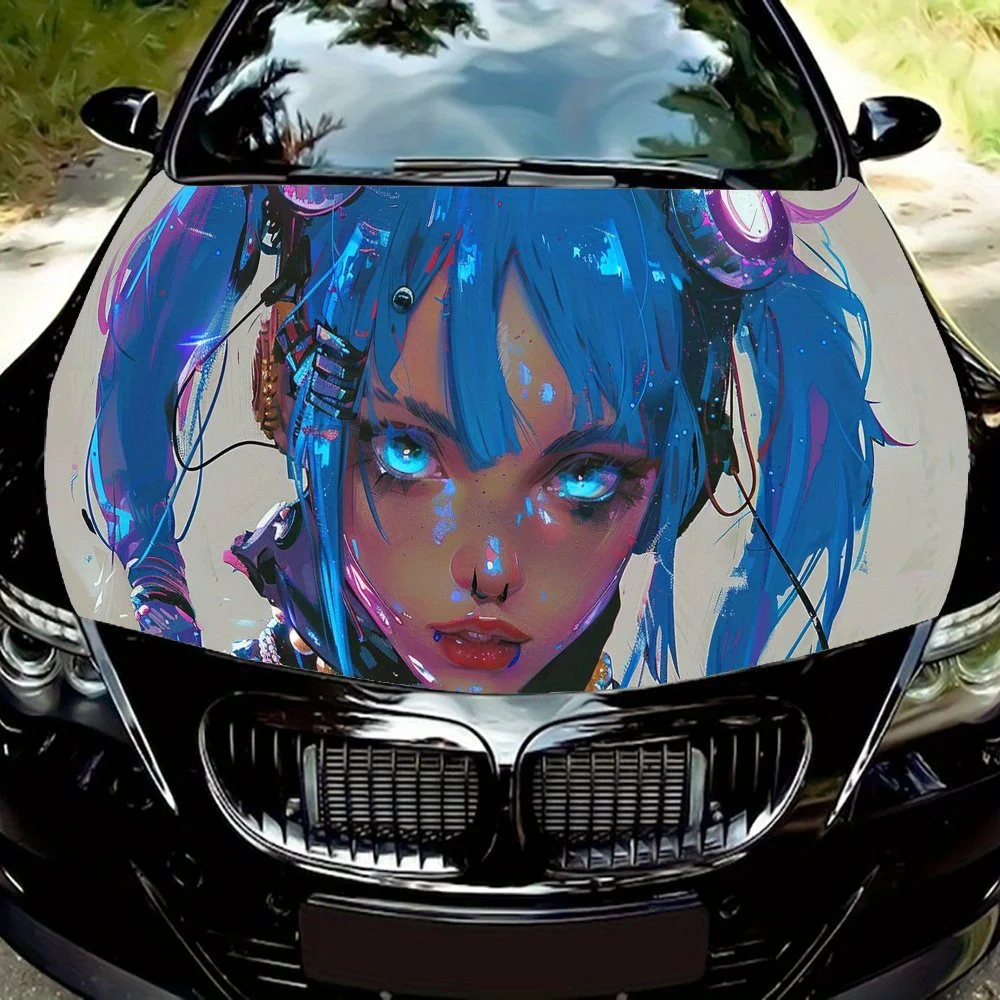 

Виниловая наклейка на капот автомобиля Cyberpunk Blue Haired Girl, наклейка на двигатель автомобиля, водонепроницаемая самоклеящаяся крышка для упаковки автомобиля, Univers