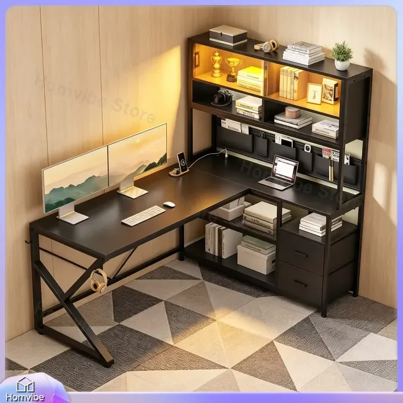 L Shaped Gaming Desk with LED Lights Computer Desk for Home Office Corner Workstation with 2 Drawers Bookshelf Modern Desk