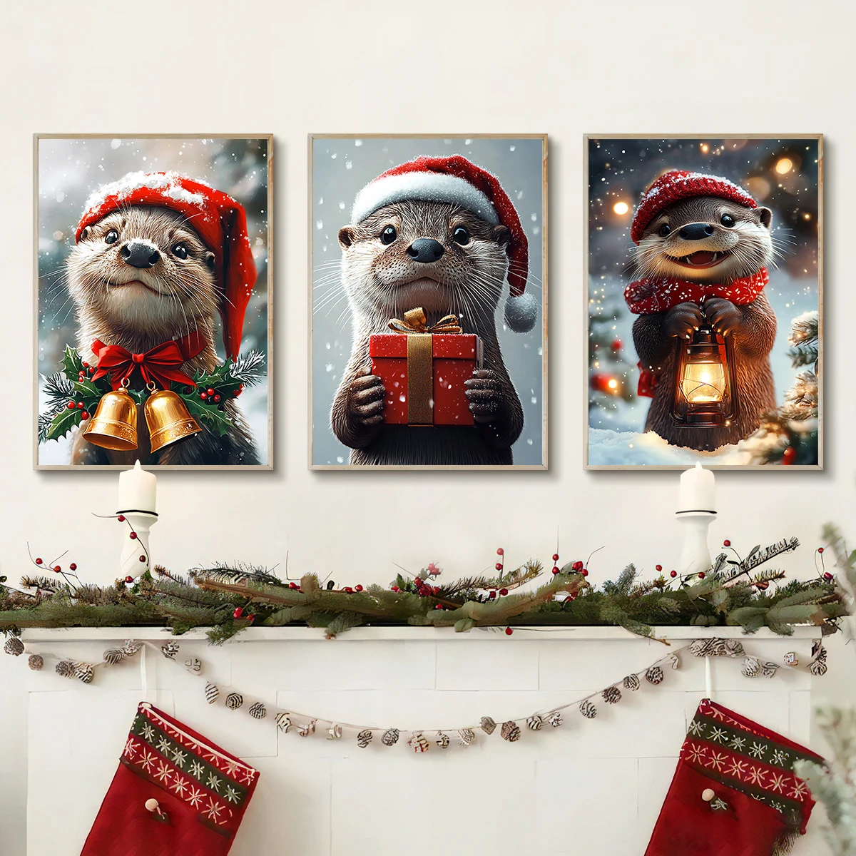 3pcs/set Whimsical Christmas Otter Canvas Print Poster Funny Animal Christmas Hat Bell Gifts Art Print Winter Holiday Home De
