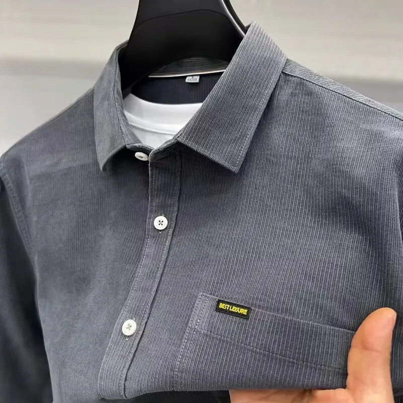 

Мужская вельветовая рубашка с длинным рукавом, повседневная, винтажная, в полоску, деловая, стандартного кроя, из полиэфирного волокна, деформируемая, весна-осень