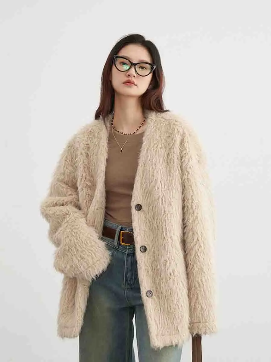 CHIC VEN Women's Jackets Fashion Loose Soild Warm Plush Coats V-Neck Long Sleeve Overcoat Female Clothing Winter 2023