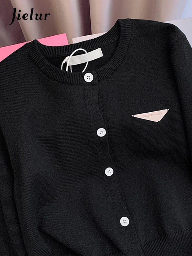 Jielur Black Knitting Loose Sexy Women's Cardigan Office Lady O-neck Single Breasted Chic Solid Color Casual Female Streetwear