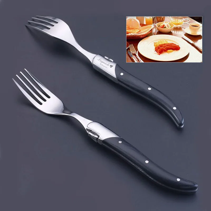 2-6pcs Laguiole Dinner Forks Long handle Wood Steak Fork Set Four Times Solid Wooden Forks Stainless Steel Dinnerware Cutlery