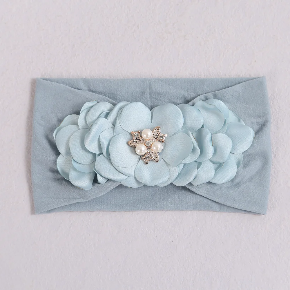 Diamond Pearl Flower Headband Baby Girls Chiffon Hair Flower Nylon Turban Soft Turbantes Para Bebes Kids Headbands for Girls