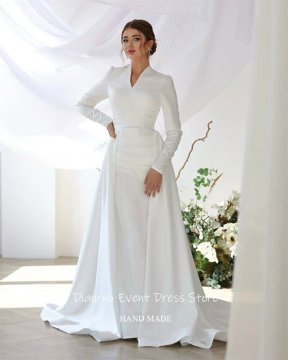 Dianruo Elegante scollo a V abito da sposa bianco in raso A Line Vestido De Noiva romantico abito da sera lungo fino al pavimento increspato personalizzato