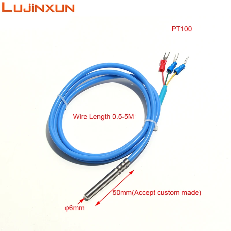 LUJINXUN PT100 Thermistor Temperature Sensor Platinum Resistance Silicone PTFE Blue Shielded Wire 0.5M-5M 1PC