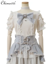 Japanese Liz Mine Mass-Produced Sweet and Cute Women Big Bow Choker Short Sleeve Shirts Y2k Tops Summer Lolita Girls Blusas