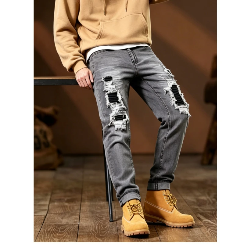 Autumn New Men's Jeans High Street Patch Ripped Small Straight Pants Fashion Long Pants for Men