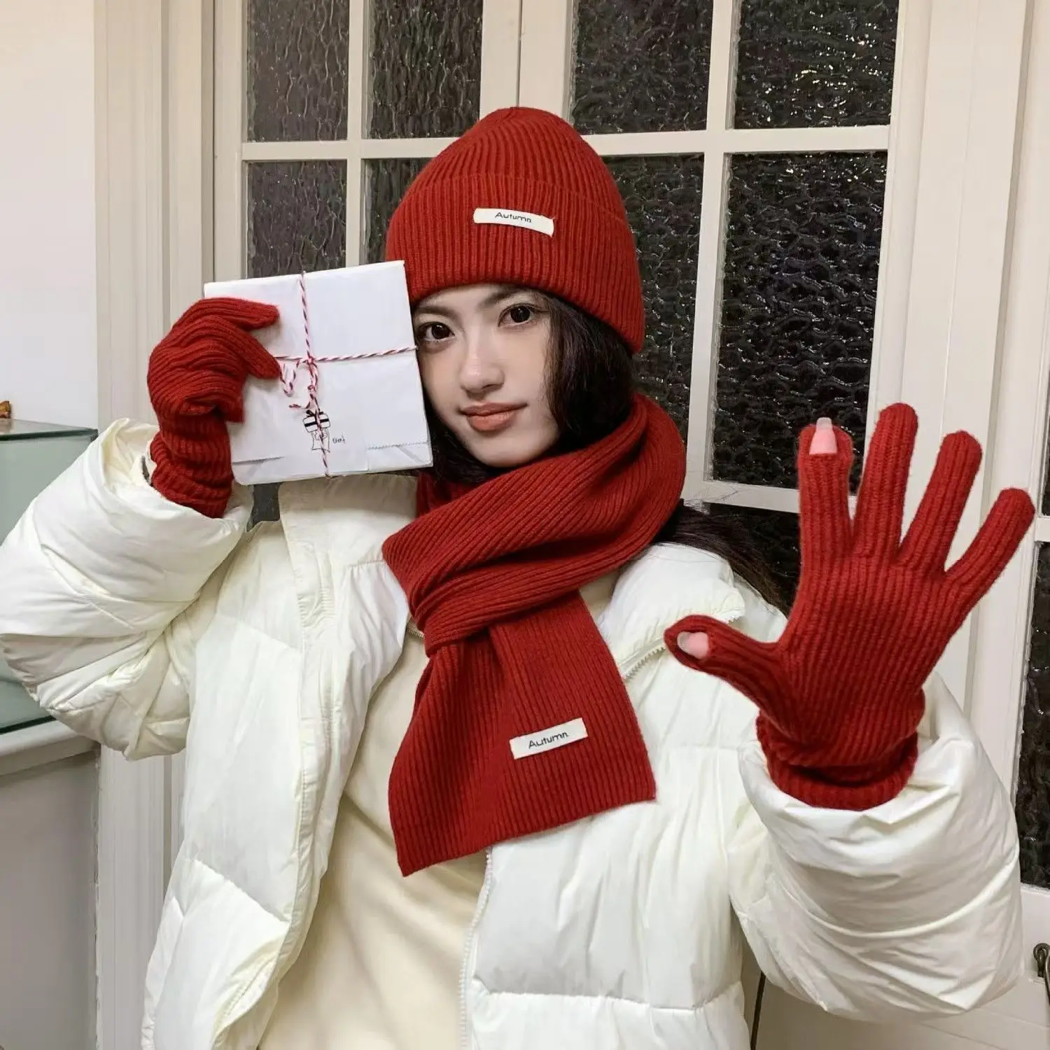 Autumn and winter versatile Chinese New Year gifts New Year red wool hat scarf gloves three-piece set women's warm scarf gloves