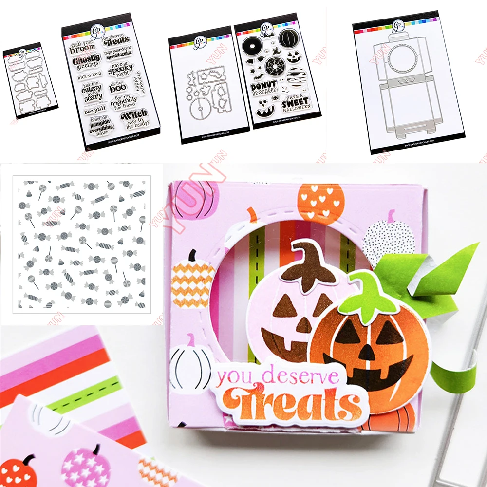 

2025 New Halloween Ghostly Greetings Sentiments Stamps Candy Boo Treat Box Die Stencils DIY Scrapbooking DIY Paper Card Carft