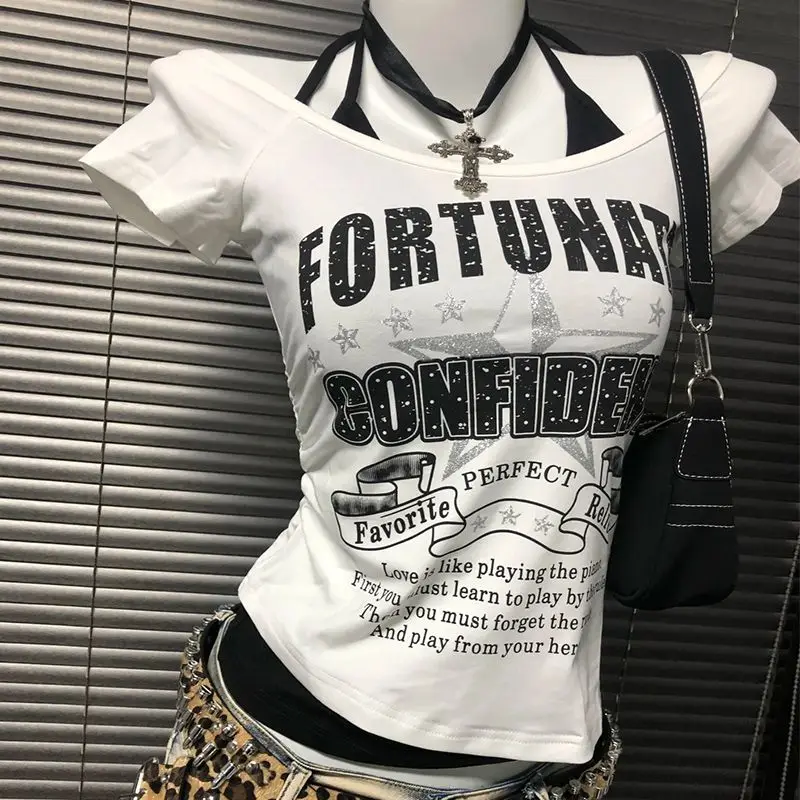 American Vintage Short-sleeved T-shirt Summer New Spicy Girl Niche False Two-piece Hater Crop Top Grunge Y2k Aesthetic Tshirt