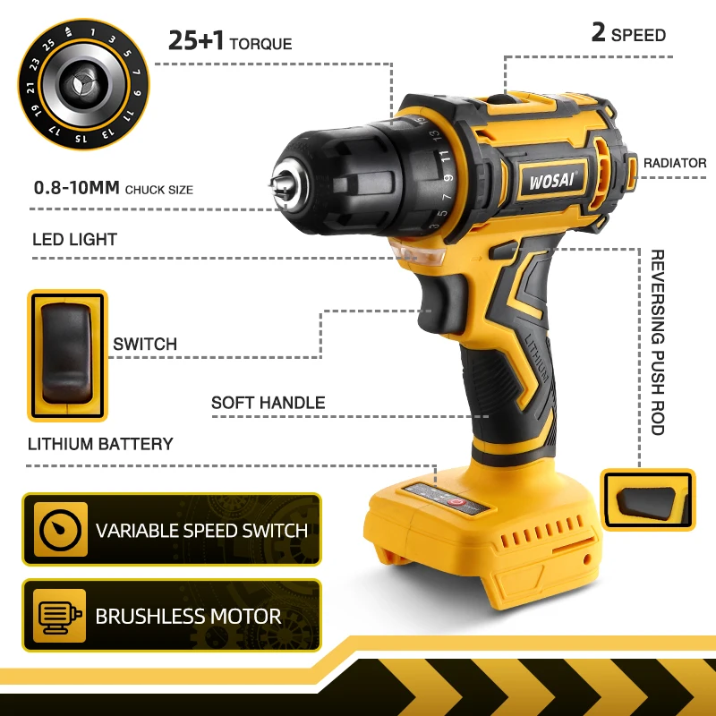 WOSAI Brushless เจาะ50NM ไขควงไฟฟ้า25 + 1การตั้งค่าแรงบิด2-ความเร็ว20V สว่านไร้สาย18V Makita แบตเตอรี่ลิเธียม