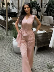 TRAFZA Summer Fashion Women Suits Pink V Neck Sleeves Bow Decorate Zipper Asymmetrical Tops + High Waist Zipper Wide Leg Pants