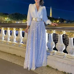 2024 Autumn Evening Party Jumpsuit Women Long Sleeve Solid Sequin V-Neck High Waist Fashion Leg Pants Elegant Chic Spring Shirt