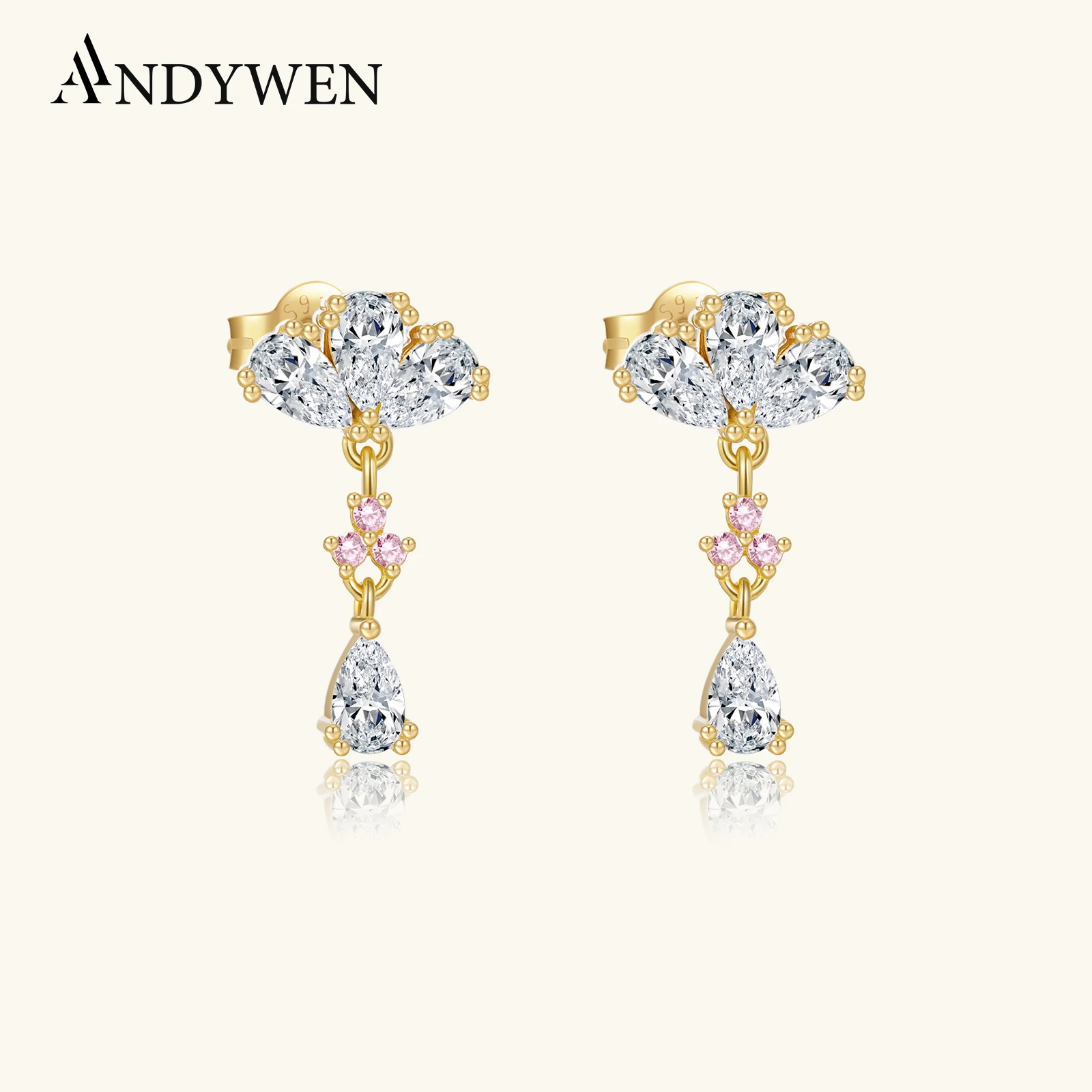 

ANDYWEN, элегантное серебро 925 пробы, грушевидная форма, циркон, CZ, круглый, розовый, роскошные, изысканные модные вечерние украшения для женщин, повседневная одежда